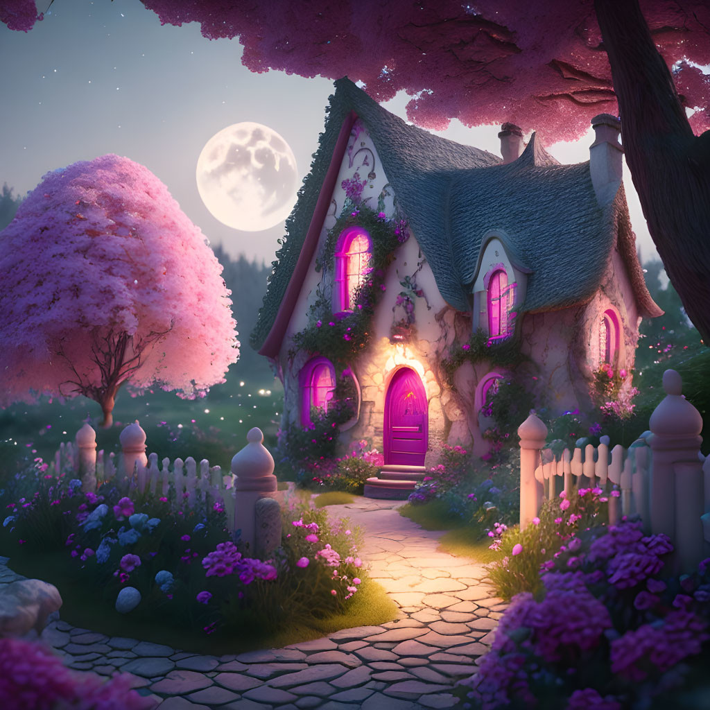 Charming cottage with pink door in moonlit garden