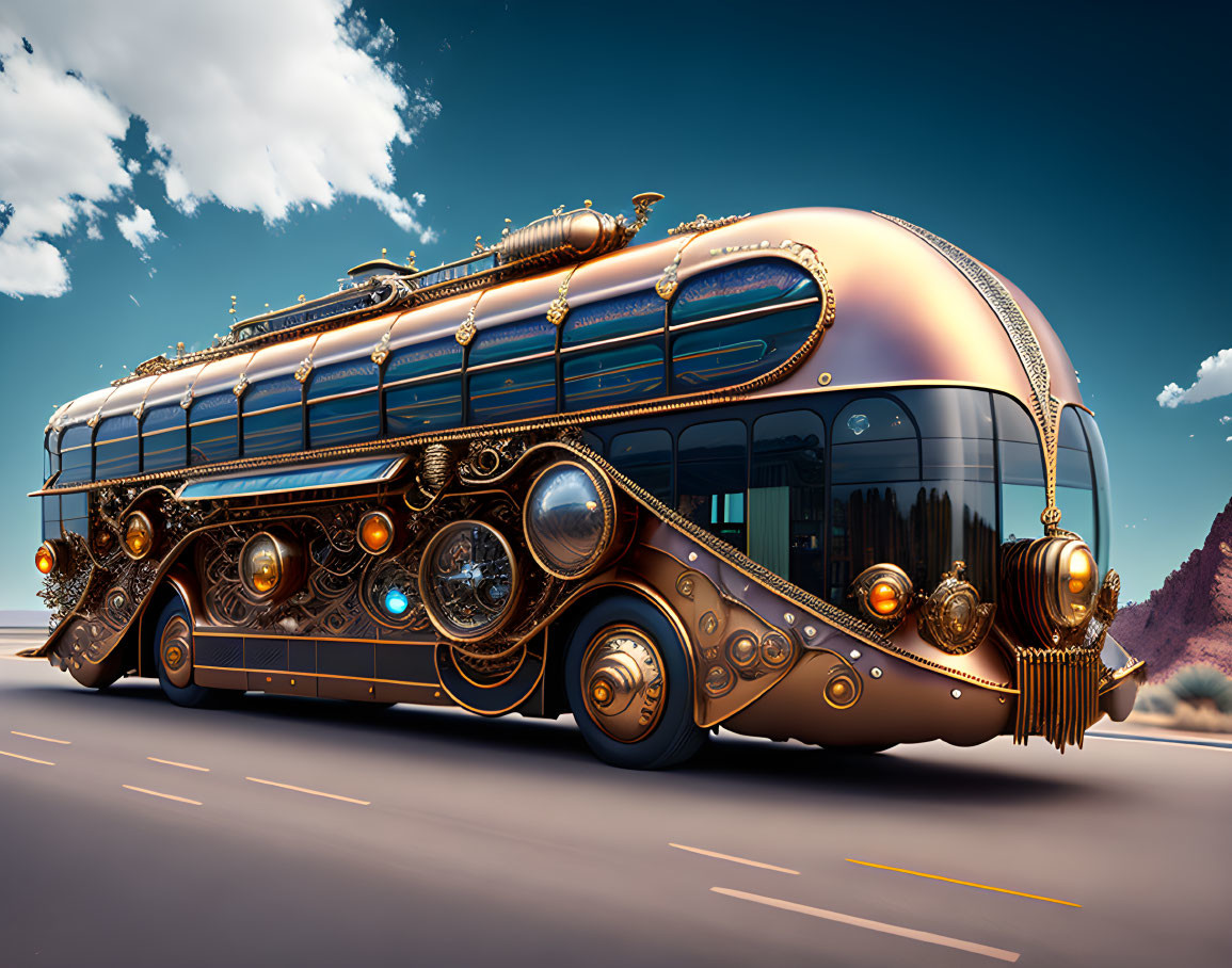 Steampunk-inspired bus with intricate metalwork on desert road