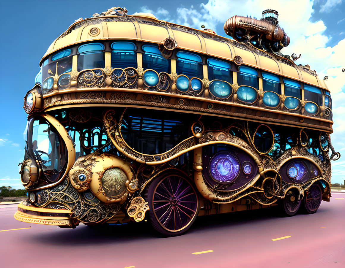 Steampunk-style bus with brass details and purple windows under blue sky