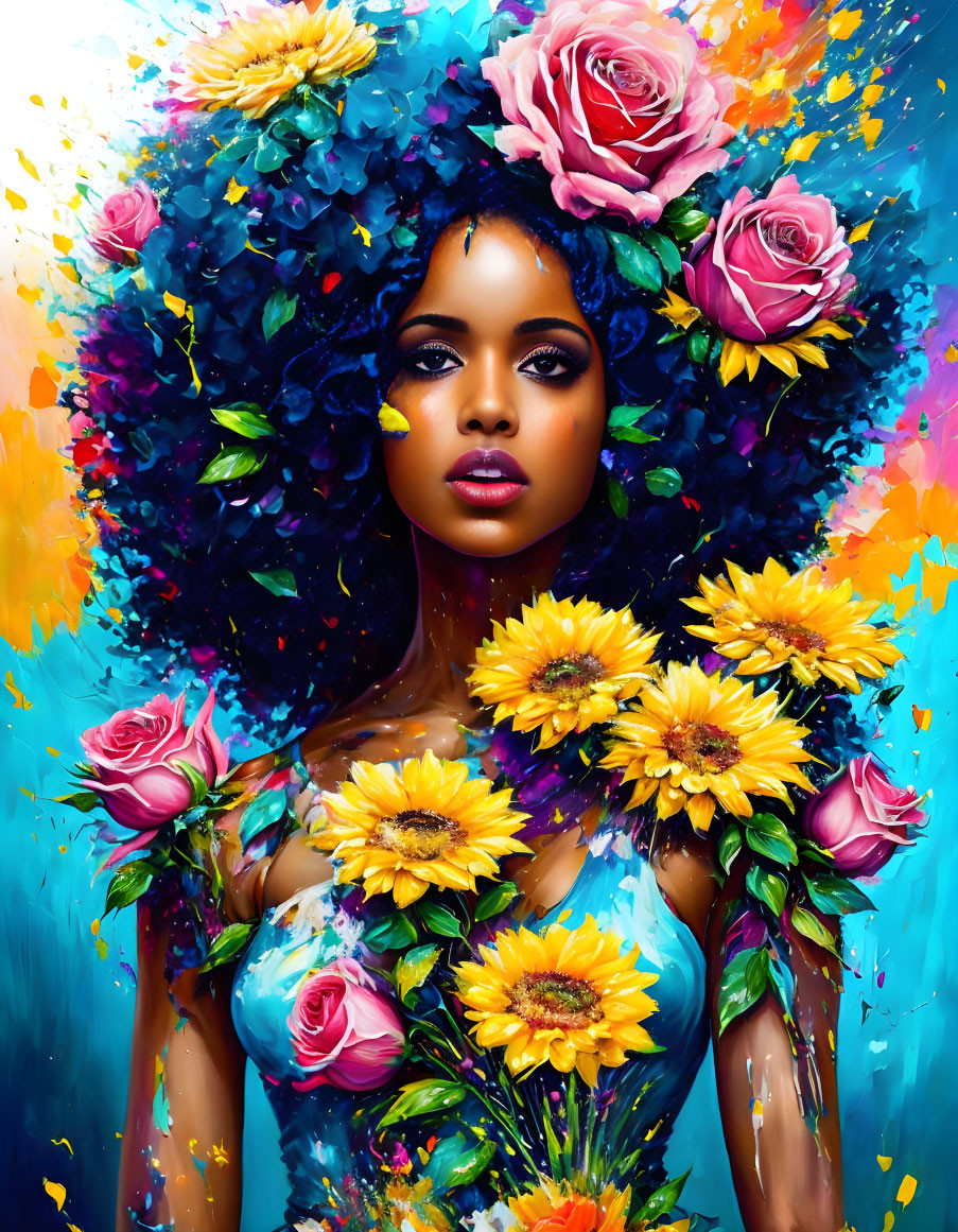 Colorful painting of woman with flowers in hair and dress in vivid blues, yellows, and p