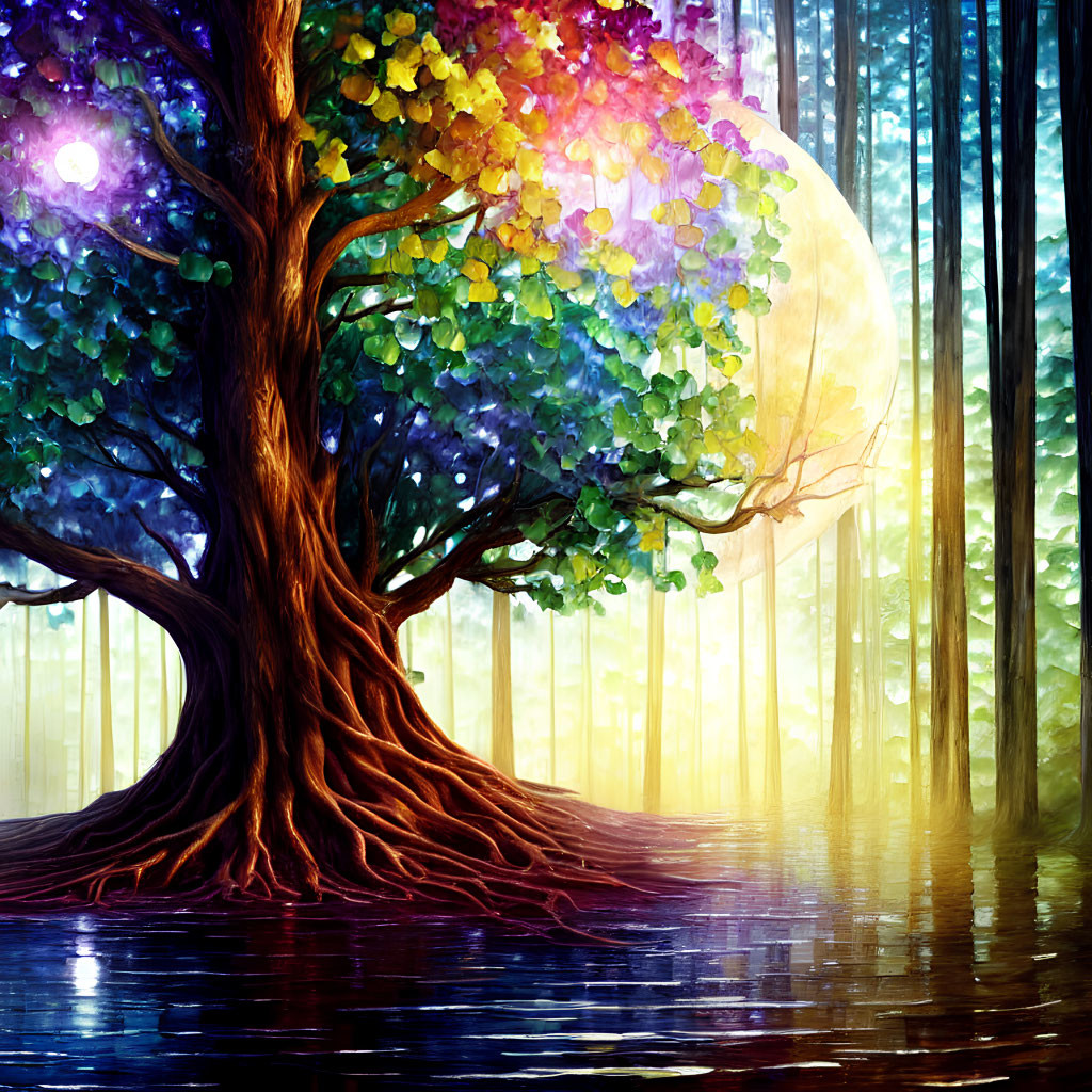 Colorful Tree with Multicolored Leaves Reflecting in Water Against Luminous Orb and Purple Forest