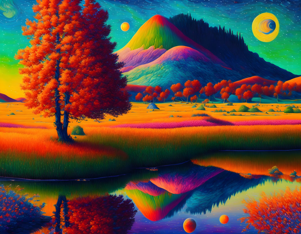 Surreal landscape with reflective lake, colorful trees, mountains, and multiple moons