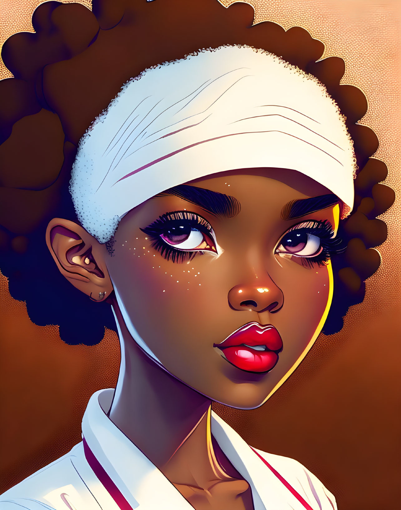 Digital illustration: Woman with headband, expressive eyes, full lips, freckles, curly hair