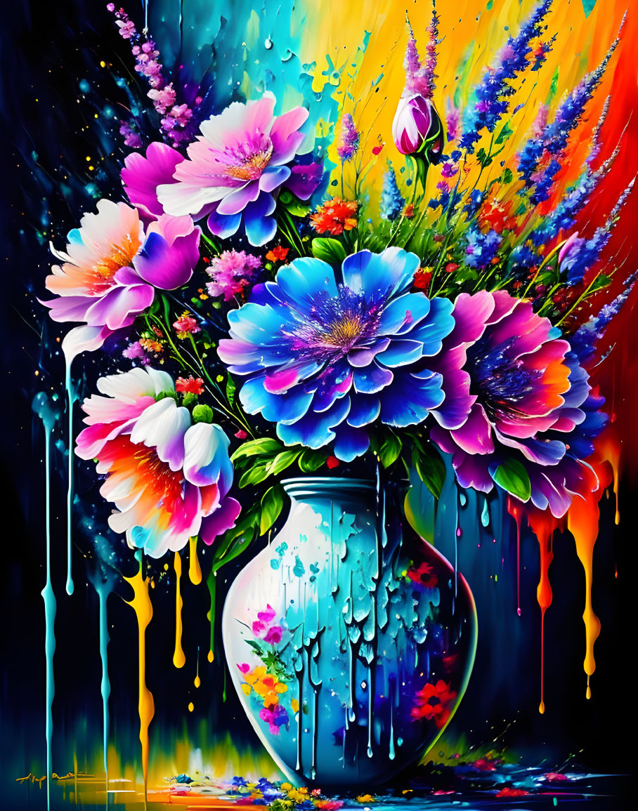 Colorful Flower Vase Painting with Dripping Effect