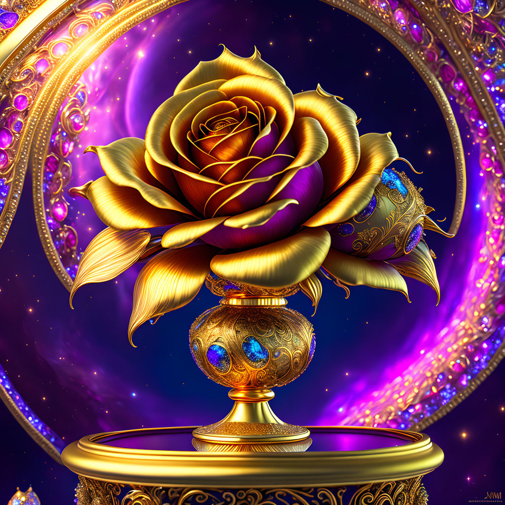 Golden ornate rose on jeweled pedestal with mystical galaxy backdrop