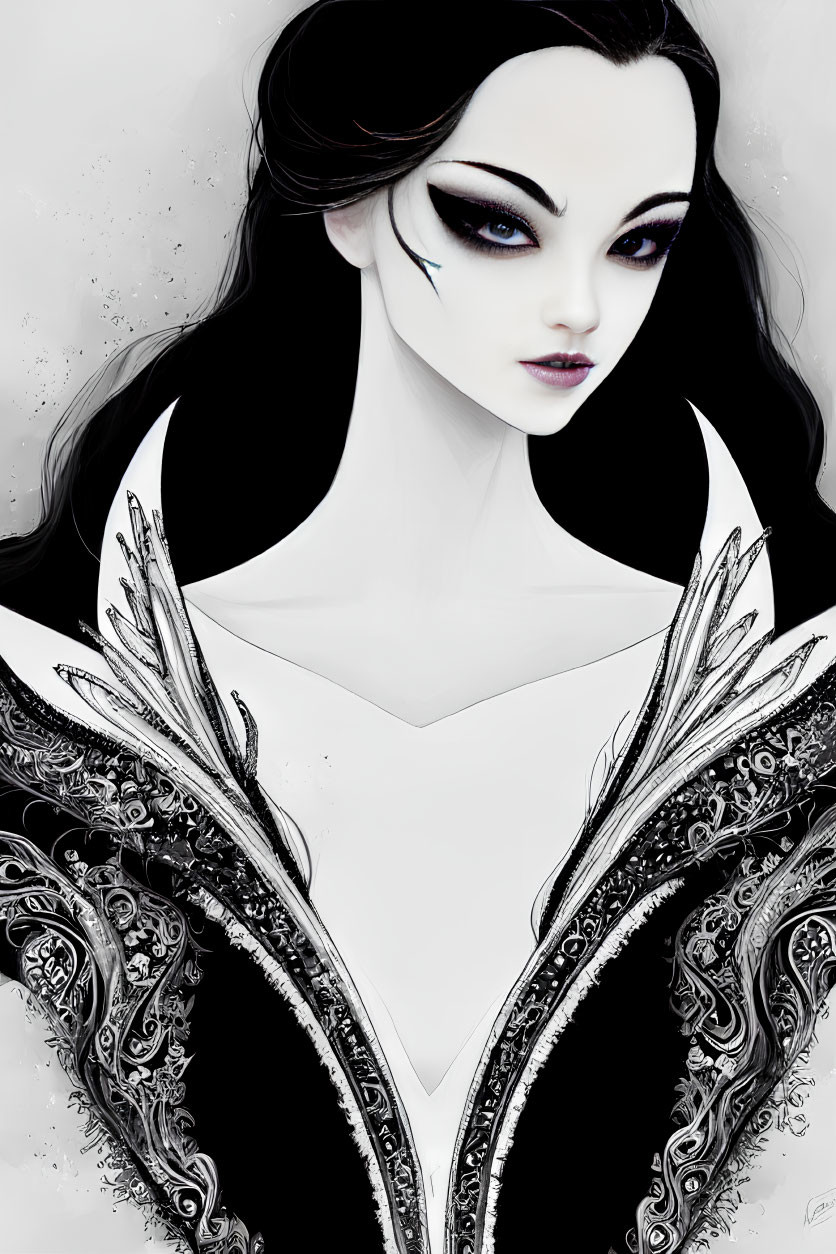 Pale-skinned character with black hair in ornate black and silver outfit