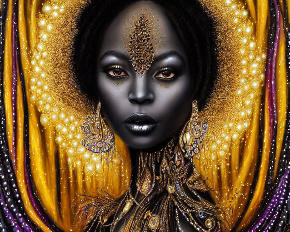 Digital Artwork: Woman with Dark Skin in Golden and Purple Adornments