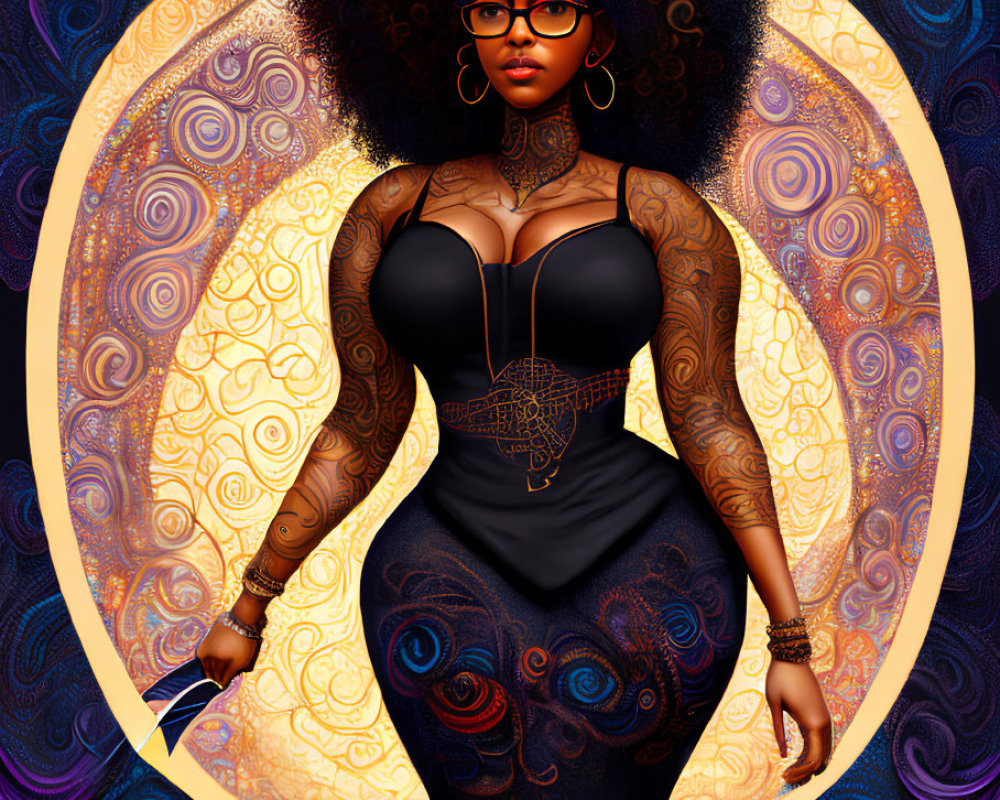 Digital artwork: Woman with curly hair, glasses, and dress on warm-toned patterned background