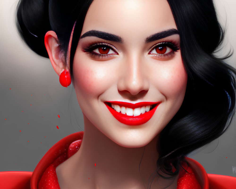 Smiling woman with dark hair and red lipstick in digital portrait