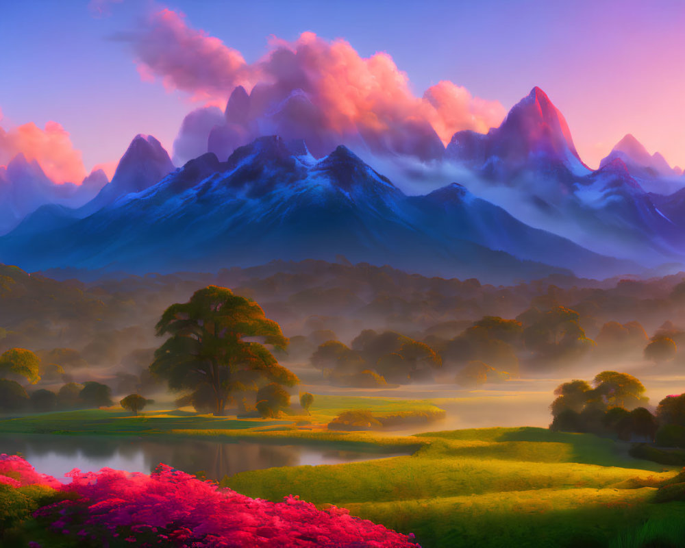 Scenic sunrise over snowy peaks, greenery, pink blooms, mist, and reflective lake