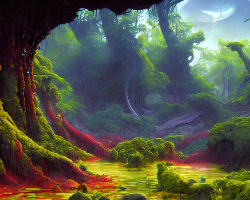 Fantasy forest with twisting trees, red river, and large moon