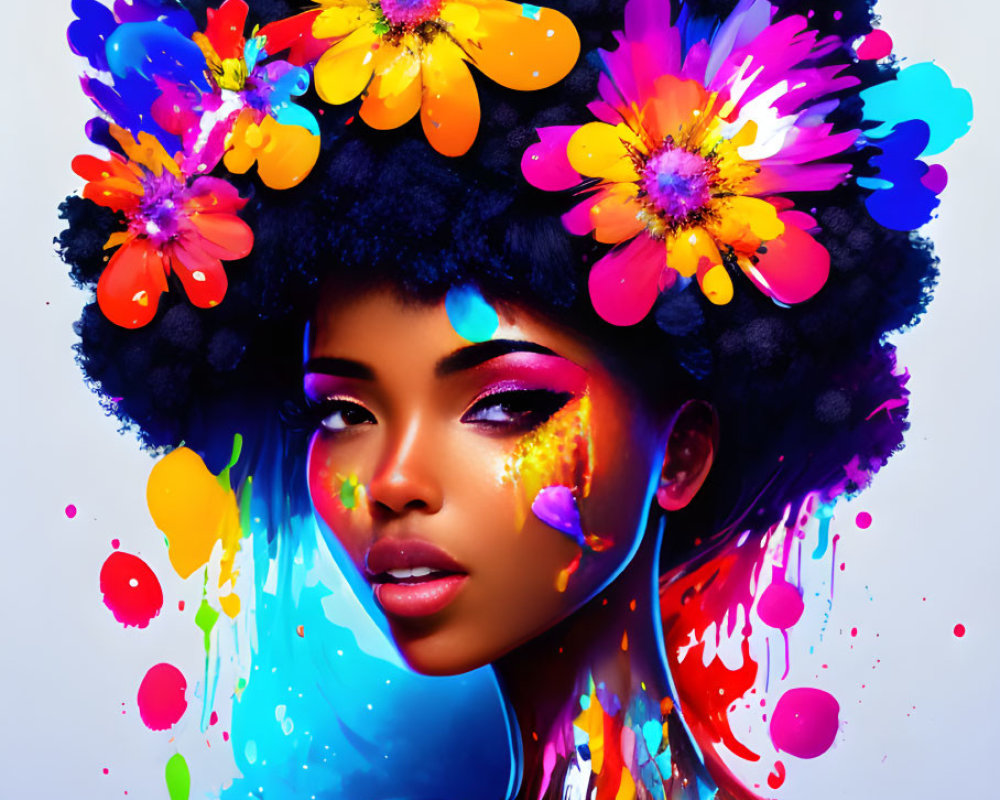 Colorful digital artwork: Woman with afro adorned with flowers and paint splatters