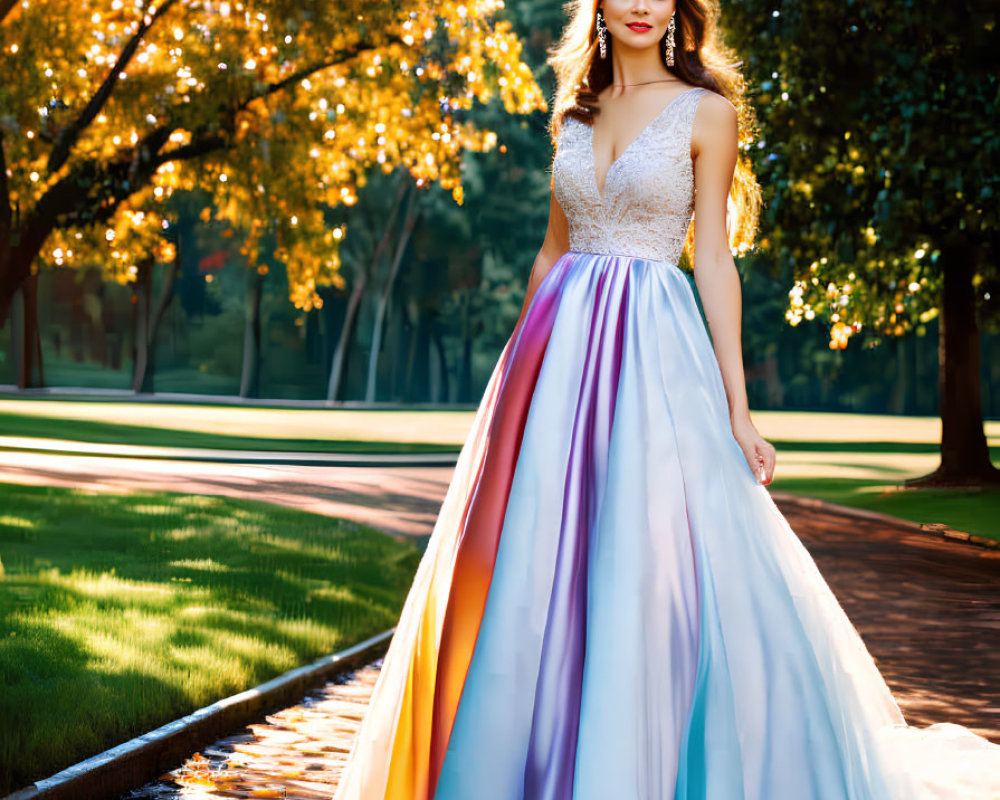 Woman in colorful gown strolling tree-lined pathway in warm sunlight