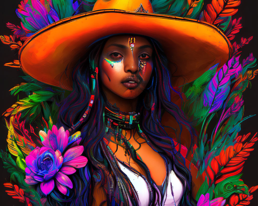 Colorful Digital Portrait of Woman with Feathers, Flowers, Orange Hat, and Tribal Jewelry