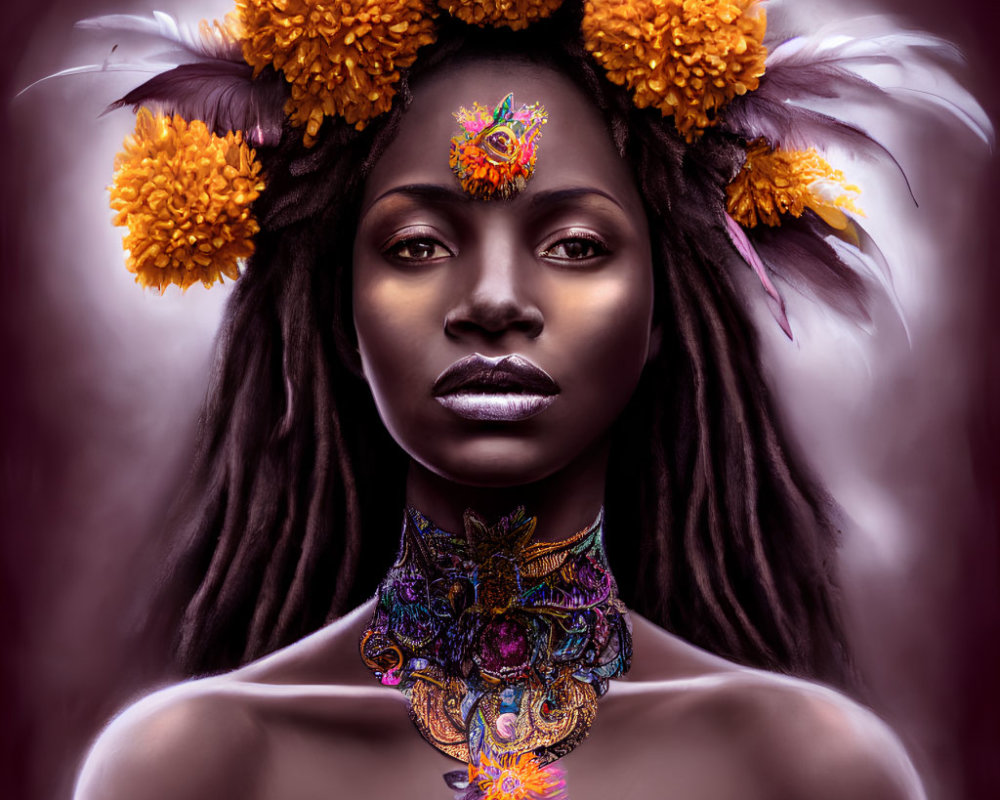 Portrait of woman with marigold flowers, facial decoration, and ornate neckpiece on purple background