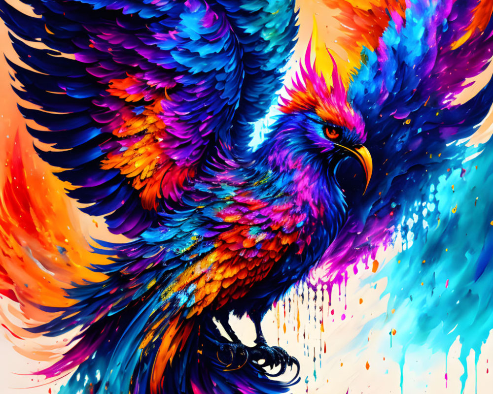 Colorful Phoenix Illustration with Bright Feathers on Paint-Splattered Background