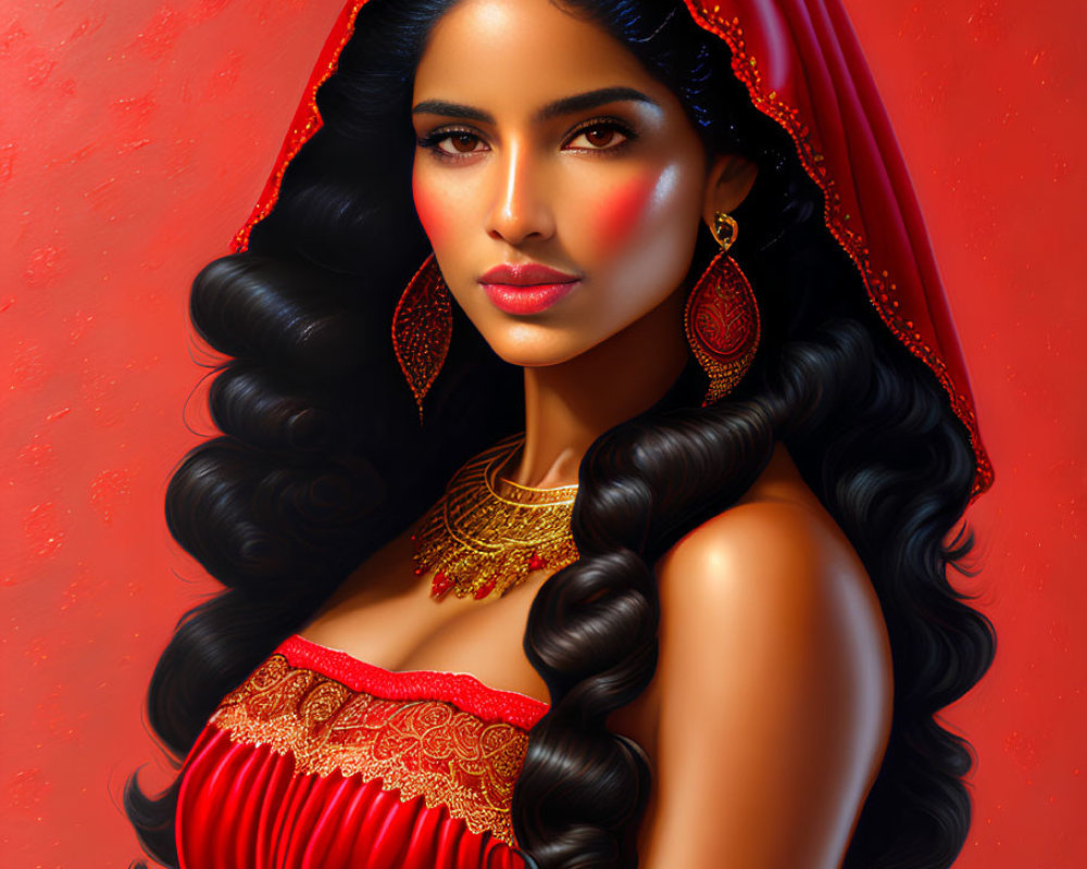 Dark-haired woman in red hood and dress with gold details on red background