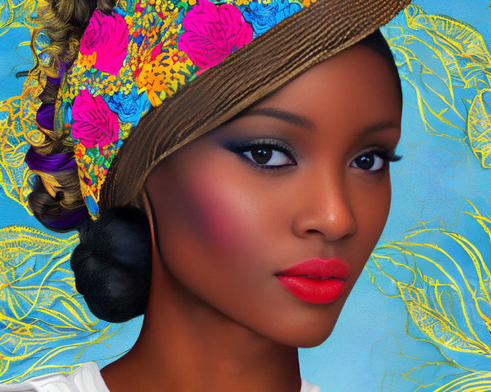 Vibrant digital art portrait of a woman with blue eyeshadow and floral hat