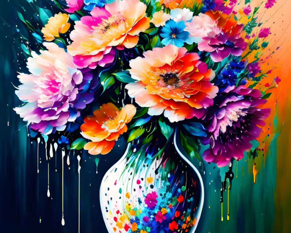 Colorful Flower Bouquet Painting in Speckled Vase with Dripping Background