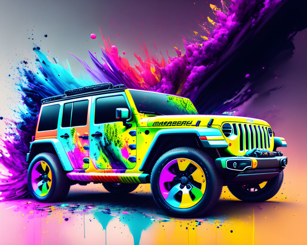 Colorful Jeep with paint splatter design on vibrant background.