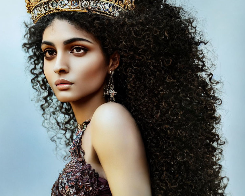 Woman with curly hair, crown, earrings, and jeweled dress on blue background