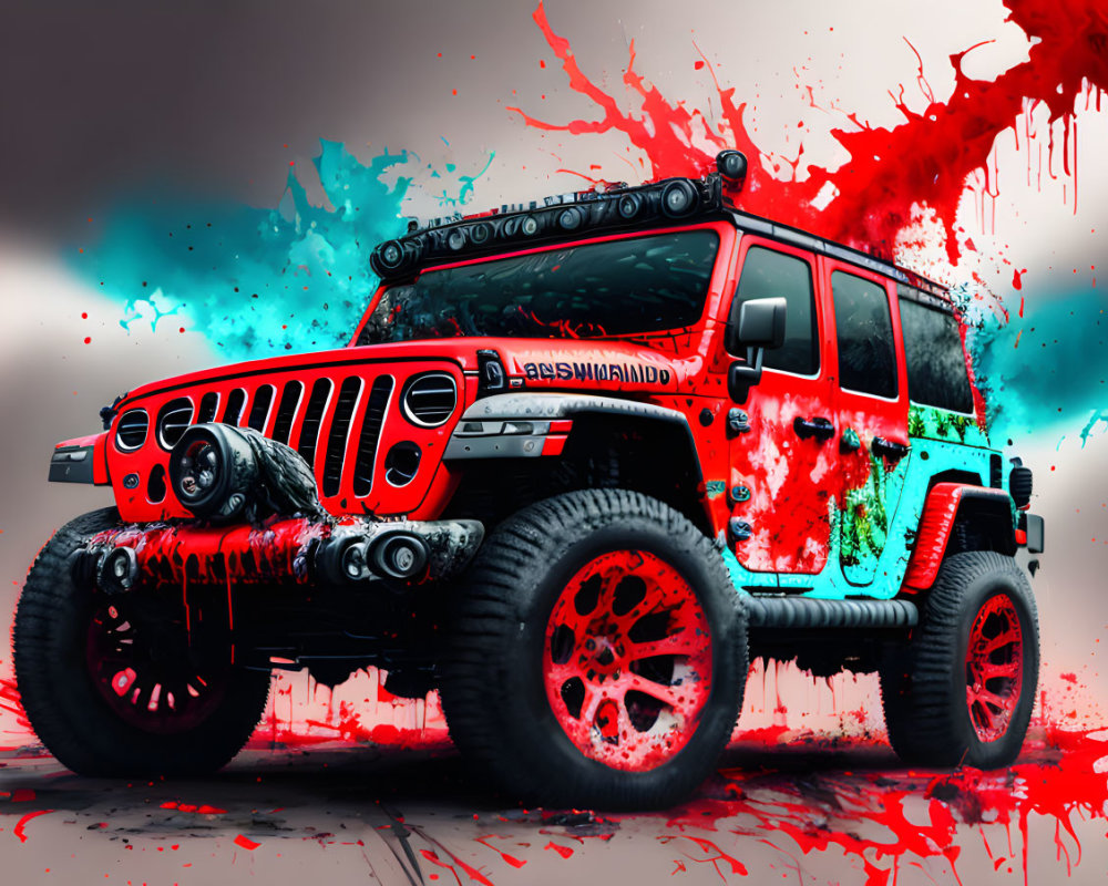 Customized Jeep with Red Wheels and Paint Splatter Design