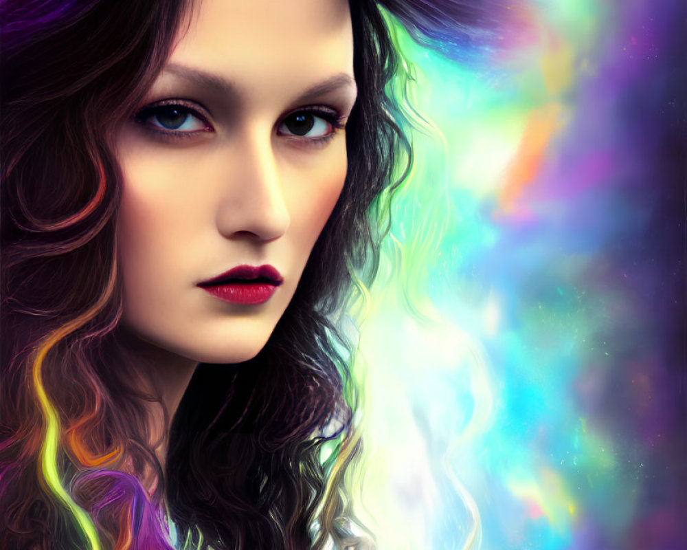 Vibrant multicolored hair on a surreal woman portrait