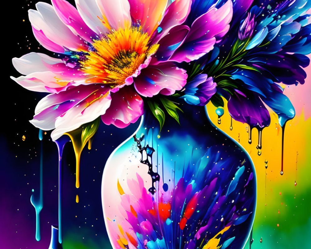 Colorful bouquet of flowers in dripping paint-style vase against starry backdrop