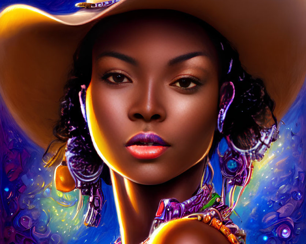 Colorful illustration: woman in cowboy hat with futuristic outfit