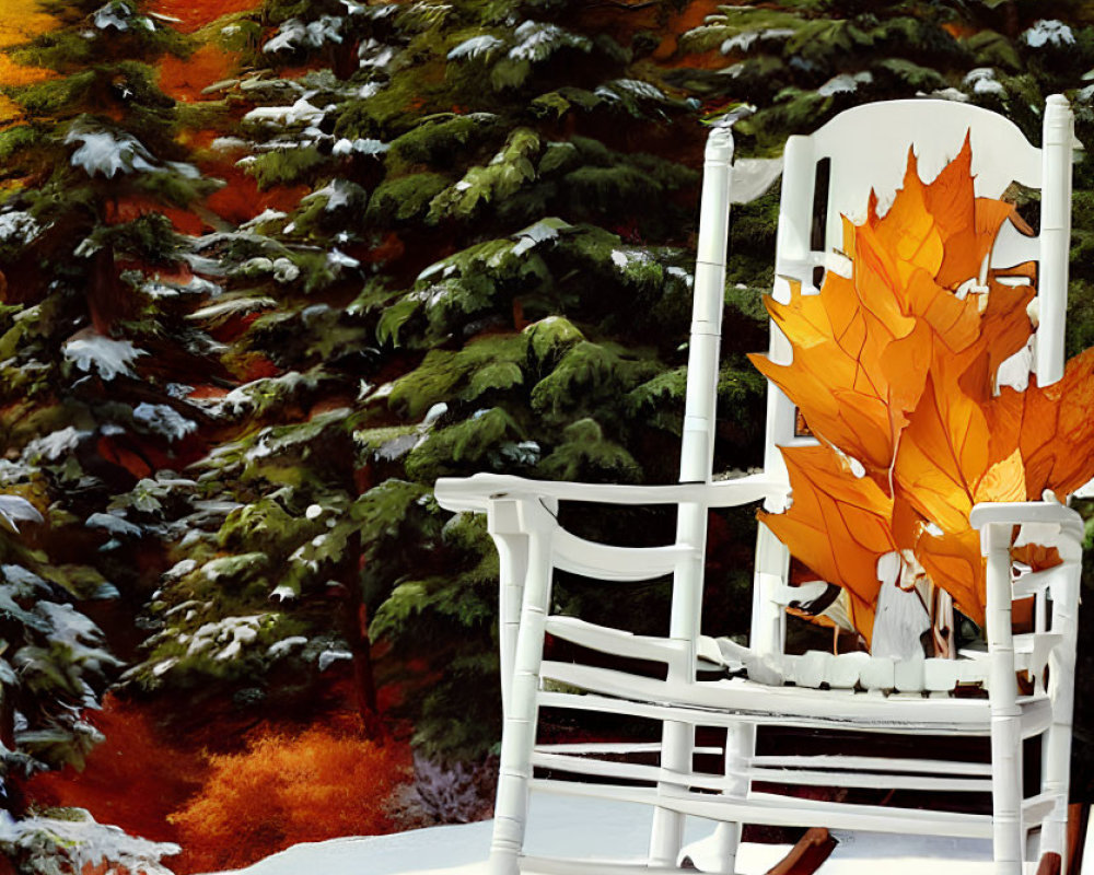 White Rocking Chair with Orange Leaves in Snowy Landscape