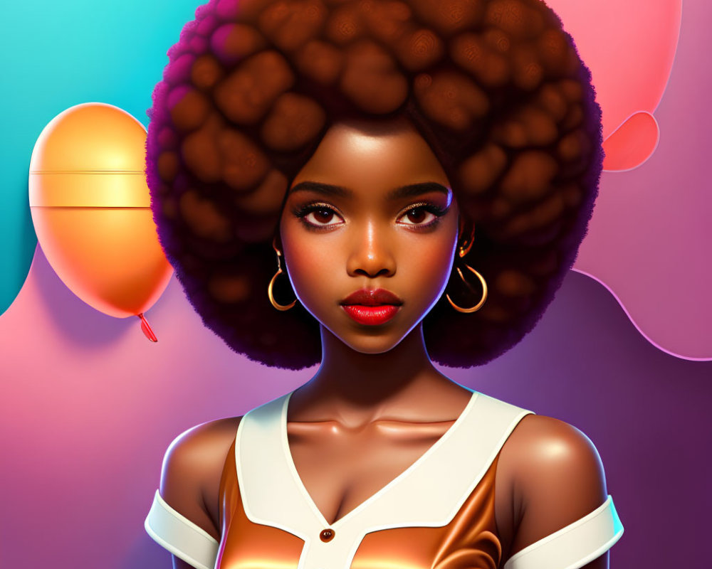 Digital illustration of woman with large afro and brown satin top on colorful background