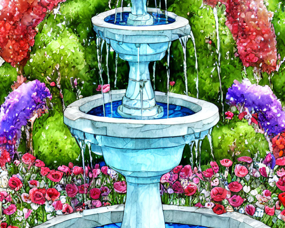 Watercolor illustration of a lush garden fountain with cascading water