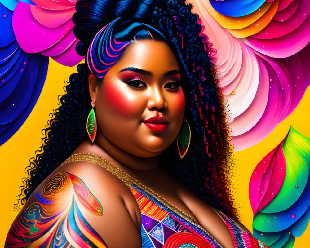 Colorful digital portrait of a woman with swirling patterns, styled hair, makeup, tattoos, and jewelry