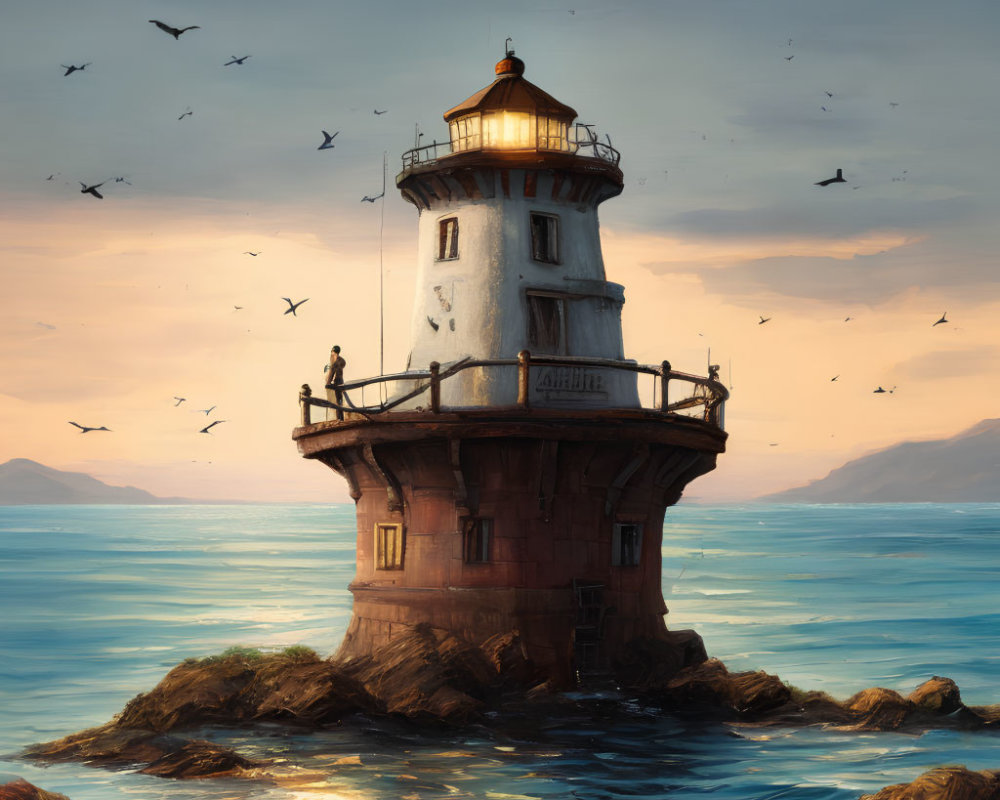 Tranquil seascape with person on lighthouse balcony at sunset