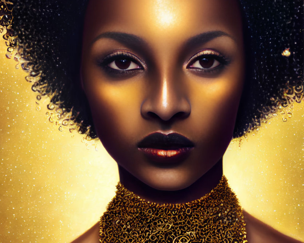 Dark-skinned woman with serene expression and gold necklace on starry backdrop