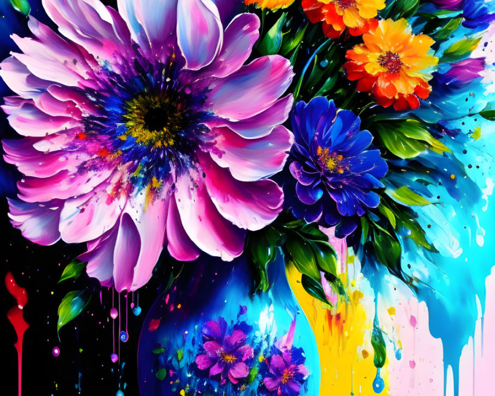 Colorful Flowers in Vase with Dynamic Paint Background