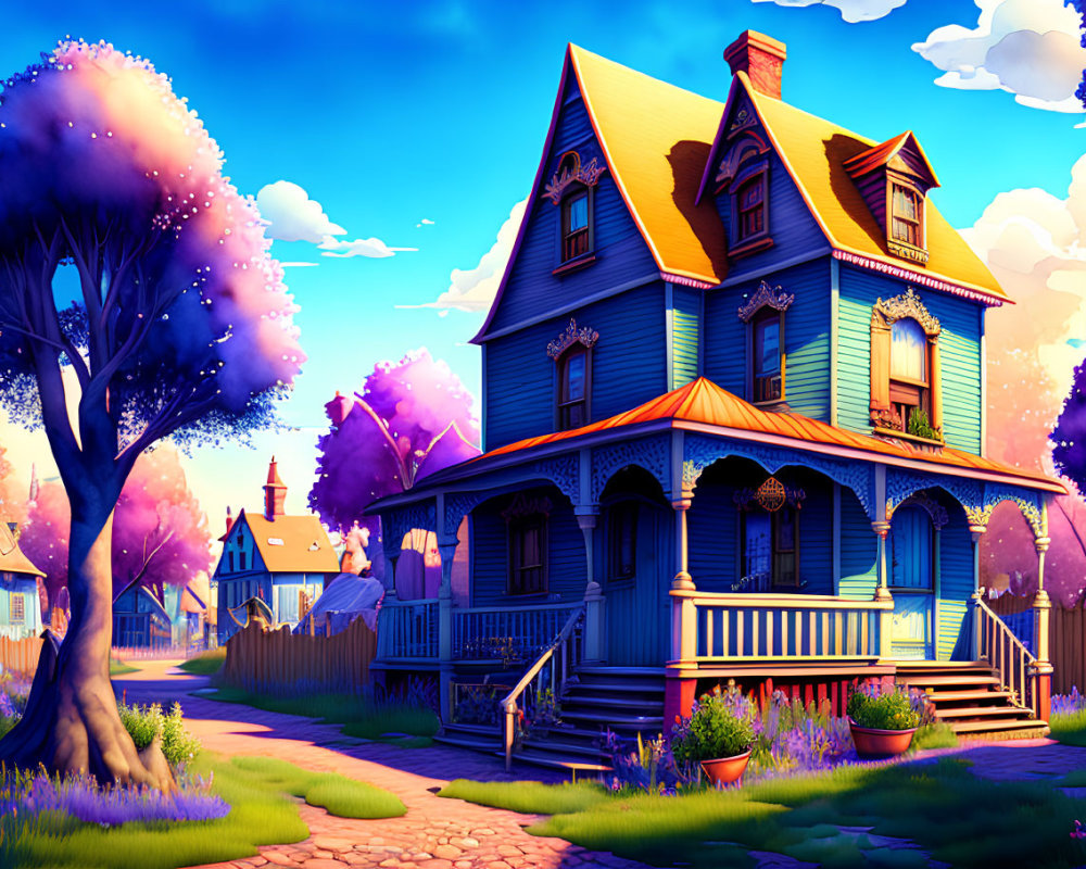 Vibrant illustration of quaint two-story house with purple trees and blue sky