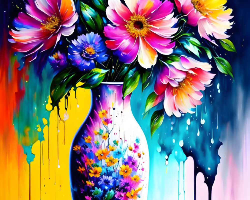 Colorful Flower Bouquet Painting with Expressive Dripping Paint Details