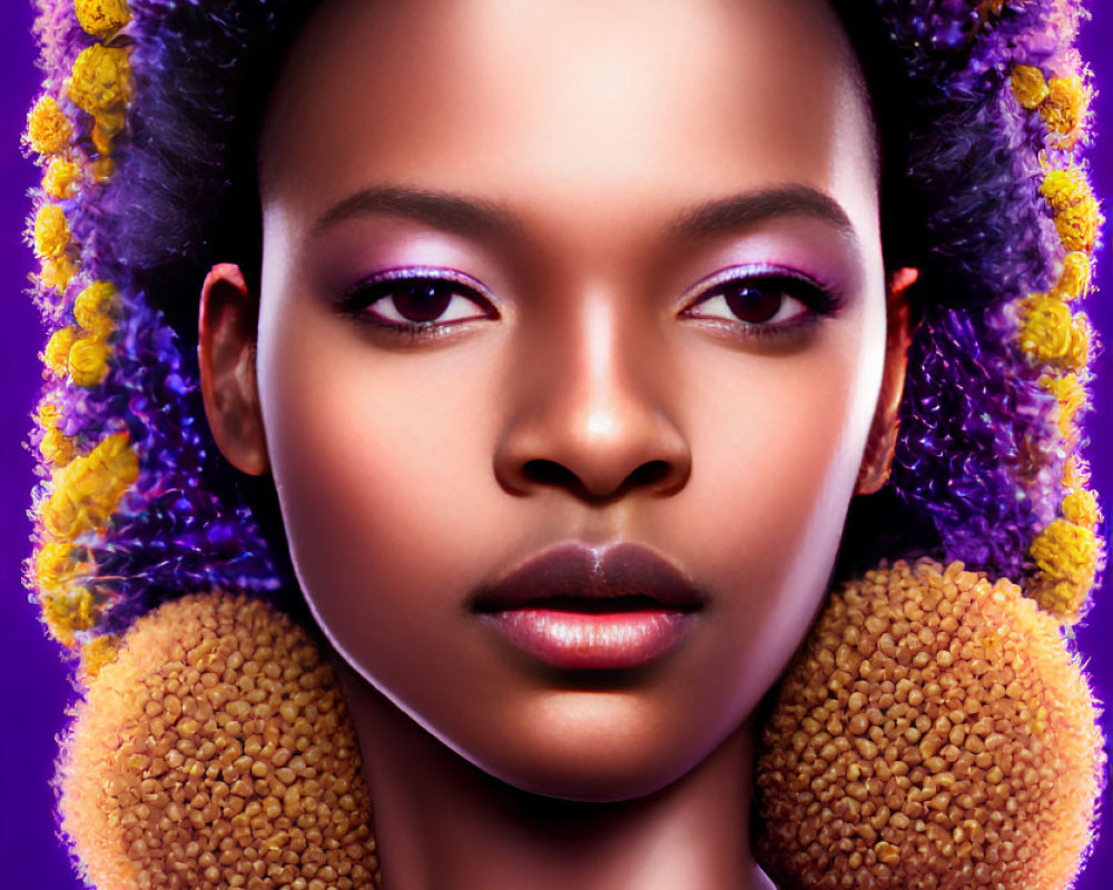 Woman portrait with striking makeup and yellow flowers on purple background