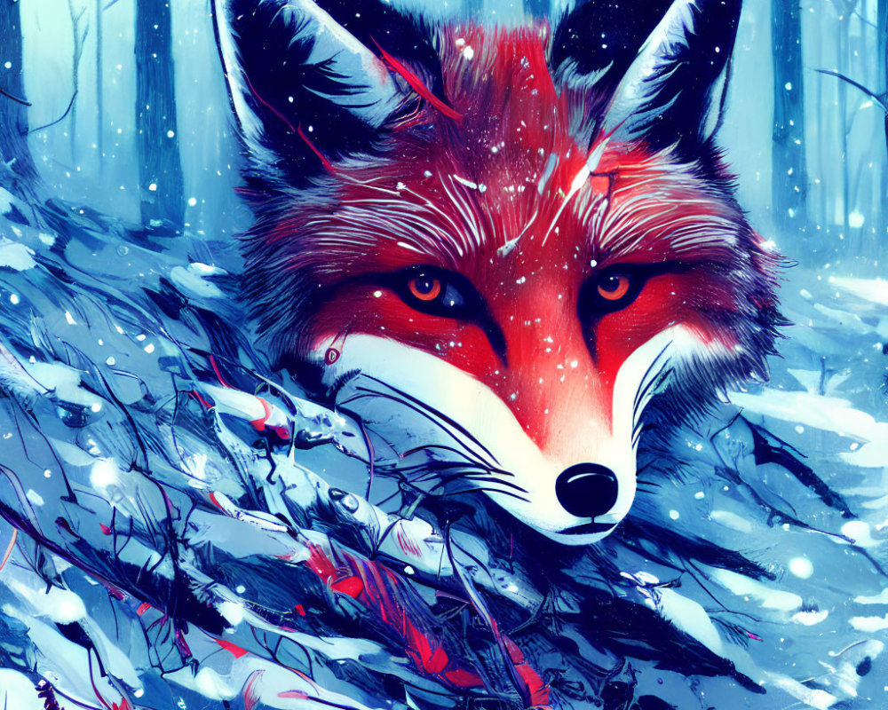 Detailed red fox portrait in snowy forest setting