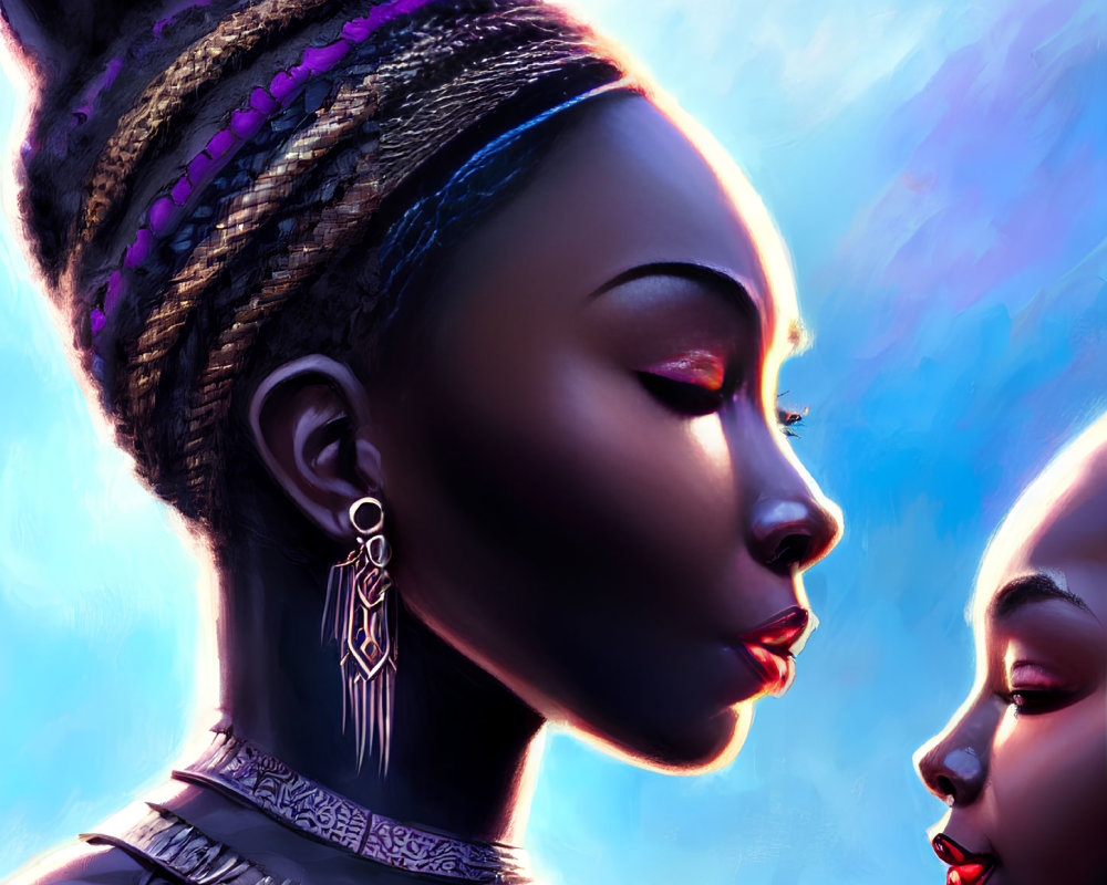 Stylized female figures with detailed braids and traditional jewelry on blue backdrop