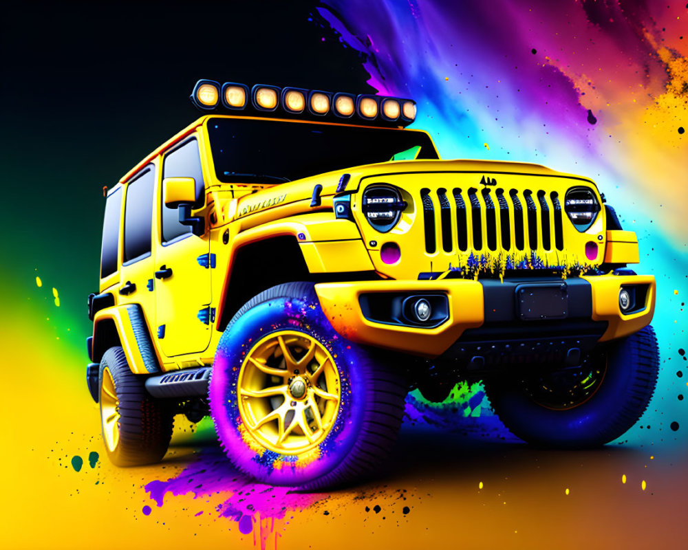 Colorful Off-Road Vehicle Graphic on Paint-Splatter Background