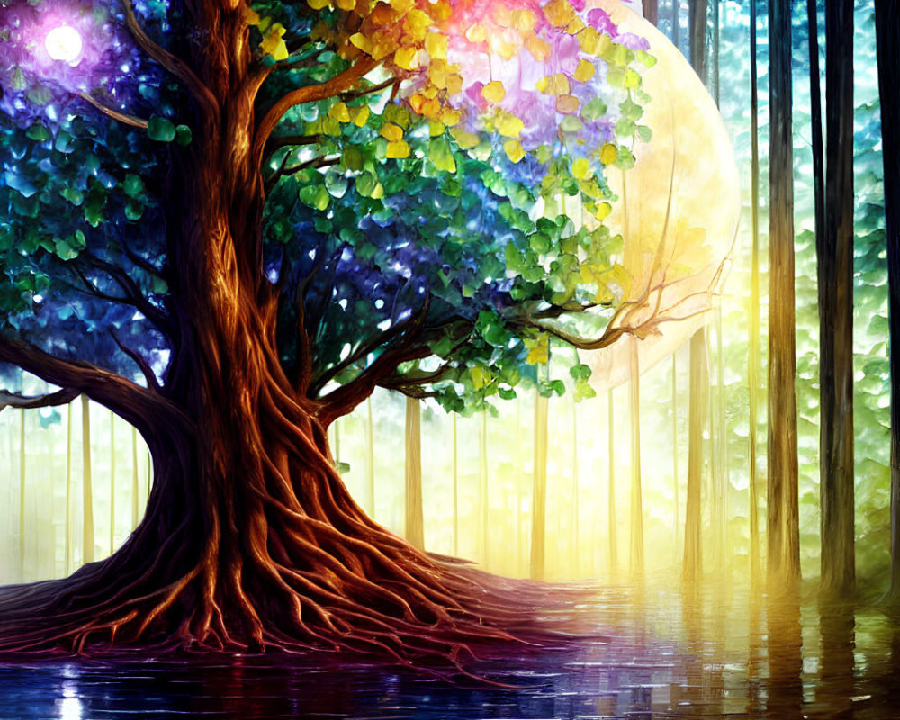 Colorful Tree with Multicolored Leaves Reflecting in Water Against Luminous Orb and Purple Forest