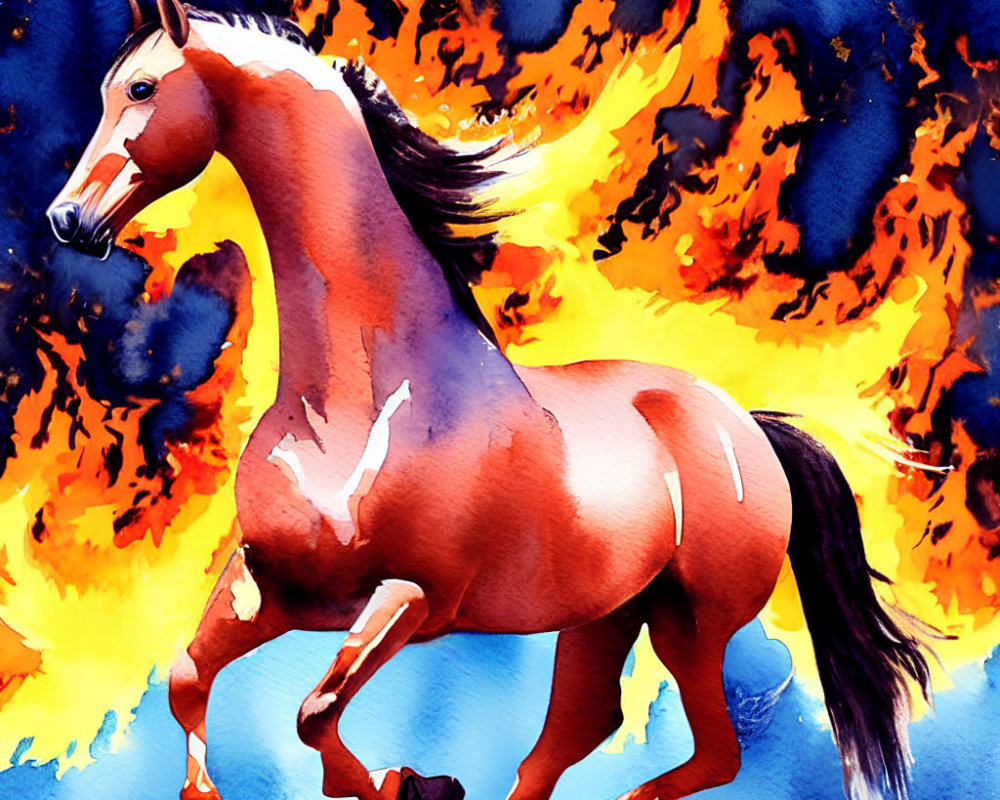 Colorful Watercolor Illustration of Brown Horse Galloping Amid Orange and Blue Flames