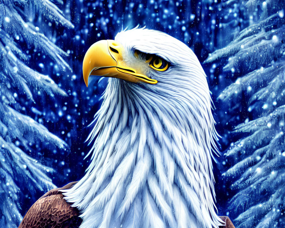 Majestic bald eagle with yellow beak in snowy blue and white setting