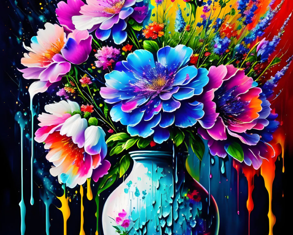 Colorful Flower Vase Painting with Dripping Effect