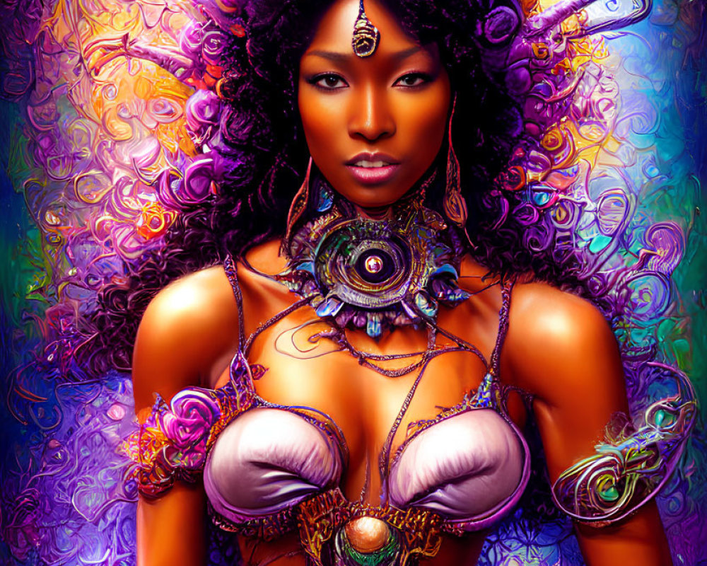 Colorful digital artwork of a mystical woman with elaborate headdress and jewelry on a psychedelic background