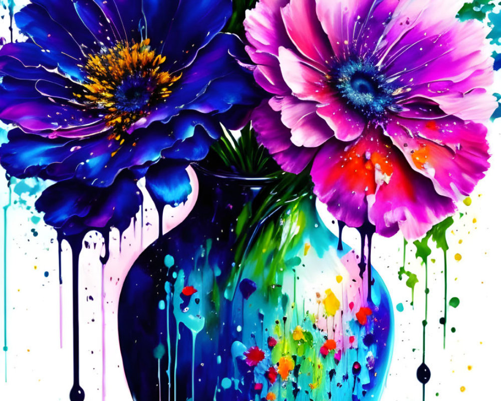 Colorful Abstract Painting of Flowers in Vase with Bold Splatters and Drips