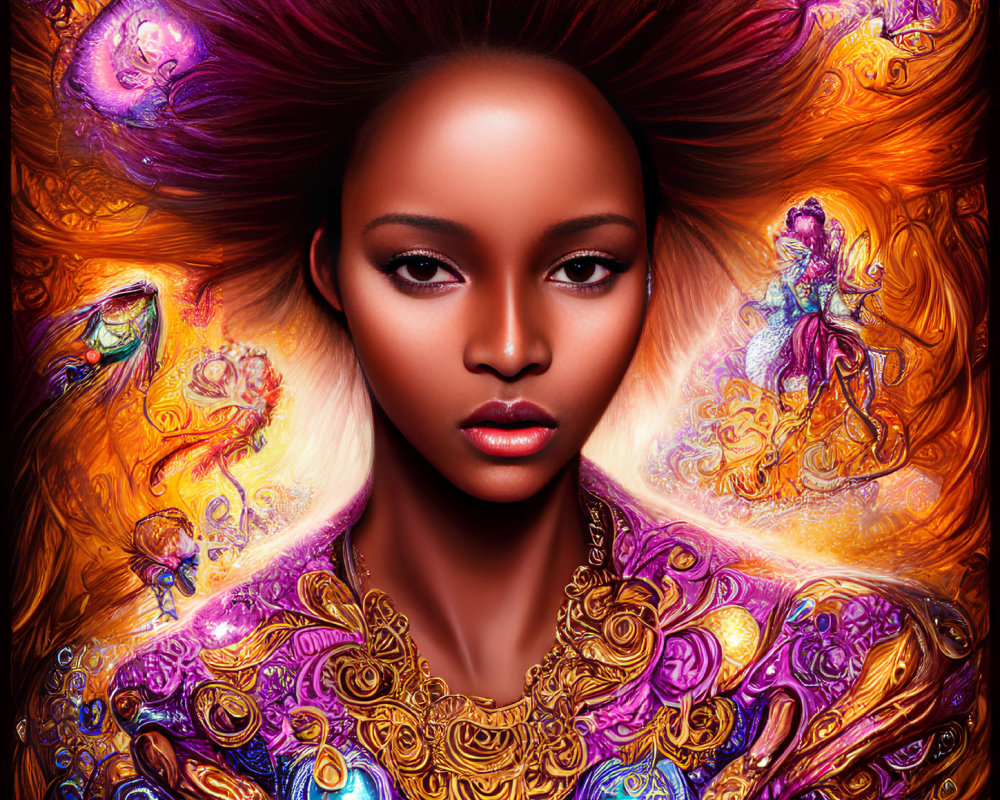 Colorful portrait of a woman in golden attire with fiery cosmic hair