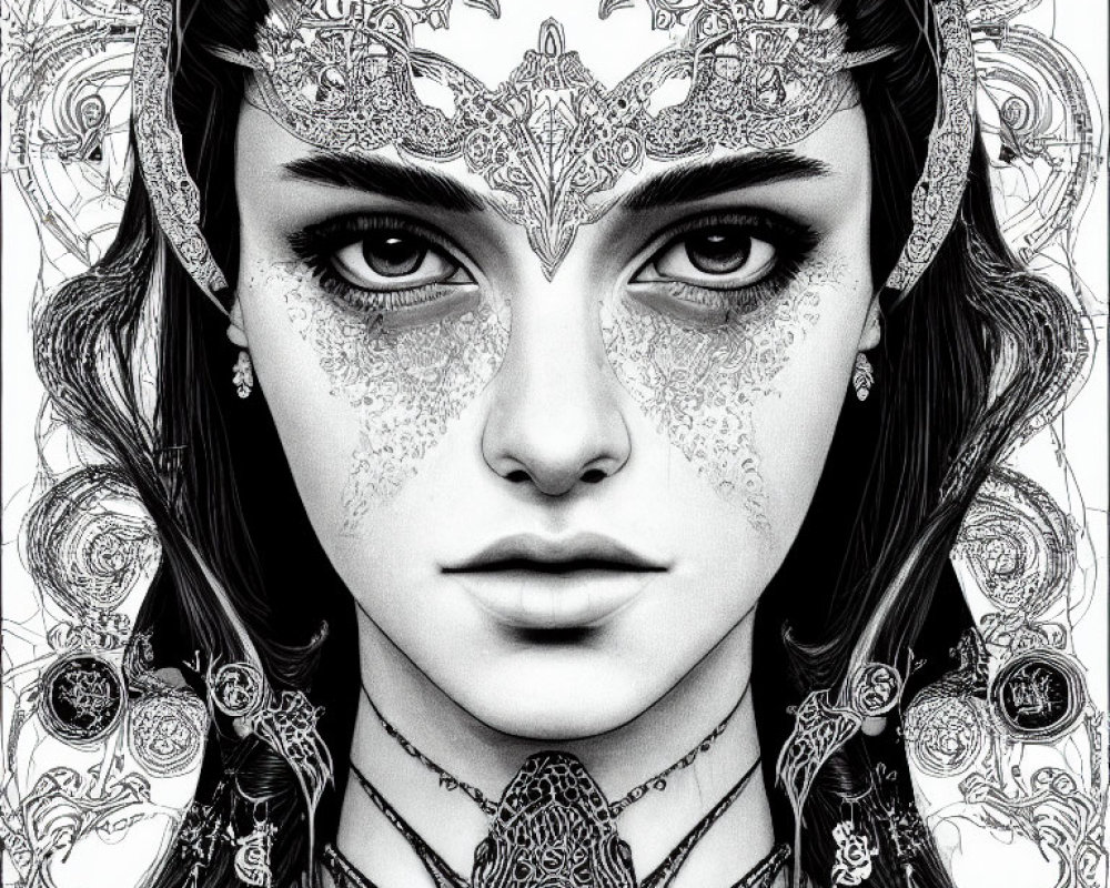 Detailed black and white illustration of symmetrical ornate headpiece and jewelry on a woman with intense gaze